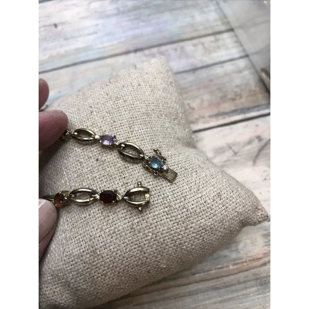 Vtg Vermeil Sterling Silver Colorful Gemstones Bracelet Amethyst‎ Topaz Garnet